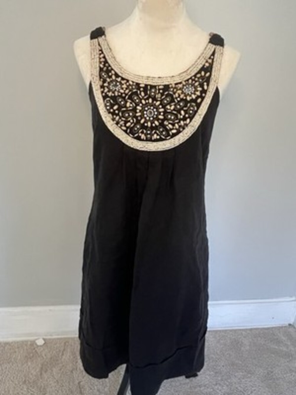 Vintage ICE Black Linen Beaded Strappy Lined Sleeveless Short Dress. Boho Chic.